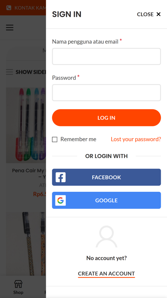 Halaman login (Mobile)